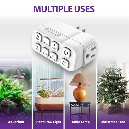 Fosmon Countdown Plug-in Timer Dual Outlets, Indoor Light Timers for Electrical Outlets, 15-30 Min, 1-2-4-8 Hour Settings, Grounded 3-Prong, 15A/1875W, ½ HP, 2-Pack - style: countdown timer 2 pack