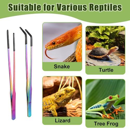 2PCS Stainless Steel Feeding Tongs, Long Handle Straight & Curved Tweezers with Soft Silicone Tips for Reptile Gecko Aquarium Plant Terrarium - color: Colourful And Black Vinyl Tip