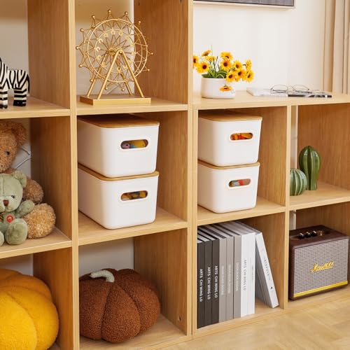 Citylife Storage Bins with Bamboo Lids 7QT Plastic Storage Containers Stackable Organizer Boxes with Handle for Desk Snacks, Toys, 2 PCS, 10" L x 7" W x 5.8" H - size: Small, style: 2 Pack