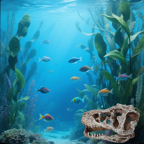 Aquarium Decoration Skull Dinosaur Head, Resin T-rex Skull Skeleton Ornament, Fish Tank Hollow Reptiles Hideout Statue Decor, Artificial Tyrannosaur Sculpture for Home Bar Office Desktop Decoration