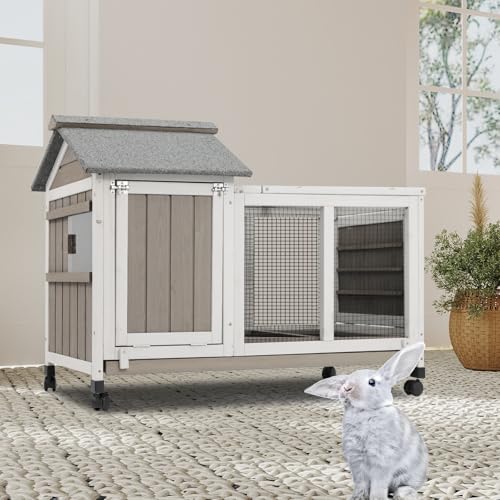 Gowoodhut 76.38"L Rabbit Hutch Indoor and Outdoor with 8 Wheels,Wooden Rabbit Cage with Pull Out Leak-Proof Tray for 2-4 Rabbits,Bunny Hutch with Asphalt Roof Suitable for Garden,Park,Living Room,Grey - size: PET30-DOUBLE