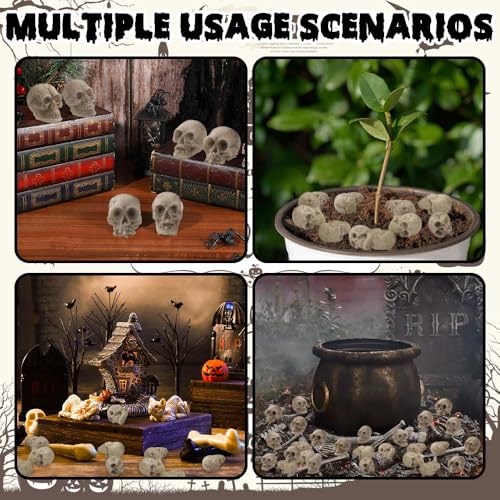 Vellibring 50pcs Halloween Mini Skull Decoration,Miniature Realistic Resin Skeleton Head Halloween Skull Heads Figurine for Vase Filler Trick Toy Party Table Decor