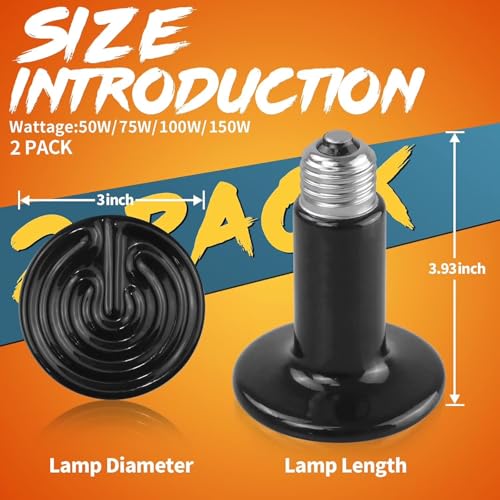 2 Pack 150W Ceramic Heat Emitter, No Light Emitting Heat Lamp Reptile Heat Bulbs, Ceramic Heat Lamp for Reptiles, Amphibian, Chicken, Dog, Cat