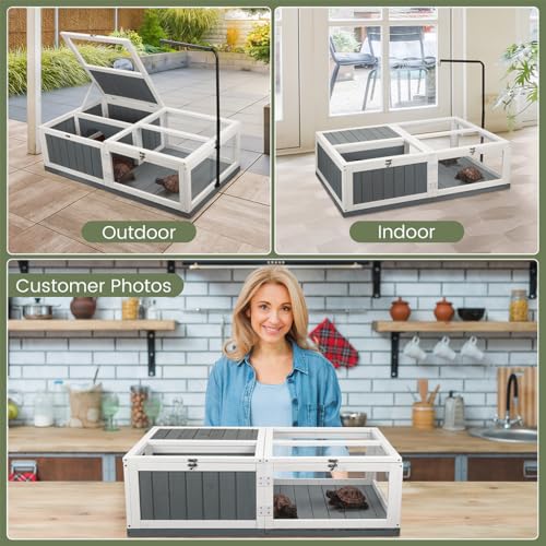 Large Tortoise Habitat, Indoor & Outdoor Wooden Tortoise House with Adjustable Lamp Stand and Water-Resistant Tray, Reptile Cage Tortoises Enclosure for Small Animals, 43" L x 24" W x 13" H