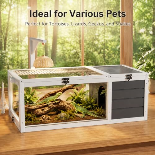 39" Wooden Reptile Habitat Tortoise House with Lamp Holder, Clear View Window & 2 Waterproof Trays, Detachable Legs Indoor Outdoor Enclosure for Turtles Lizards Geckos Small Pets (No Legs) - size: No Legs