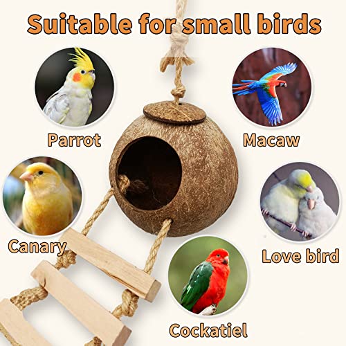 Tfwadmx 4 Pcs Coconut Hide with Ladder, Natural Coconut Fiber Hanging Birdhouse Cage, Coconut Bird Shell Breeding Nest for Parrot Parakeet Lovebird Finch Canary