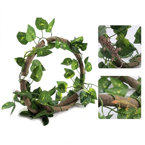JTLB Reptile Vine, Rattan Vine with Suction Cups, Flexible Vine for Lizards, Chameleons, Geckos, 3D Habitat Decoration and Landscaping (Rattan + Green Radish Leaves) - size: Rattan + grüne Rettichblätter