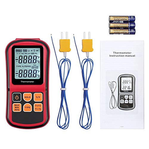 Kamtop Dual Channel Digital Thermocouple Thermometer, K-Type Temperature Meter with 2 Thermocouple Probes, T1/T2 & T1-T2 Measurement, Backlit LCD, MAX/MIN/AVG/Hold, Supports K/J/T/E/R/S/N