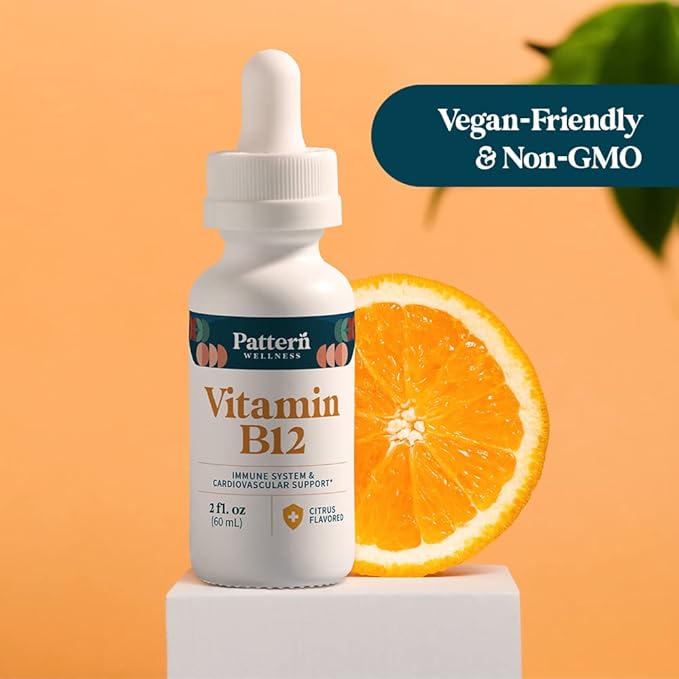 Pattern Wellness Vitamin B12 Supplement - Sublingual 5000 mcg Liquid Methylcobalamin Drops - Immune & Cardiovascular Support - Citrus Flavored Vegan Liquid Drops - 2 fl. oz (60 mL)