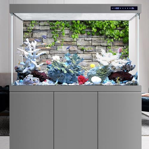 AWERT Vinyl 36x18 inches Stone Brick Wall Aquarium Background Rock Fish Tank Background Spring Leaves Terrarium Background - size: 36x18in/90x45cm