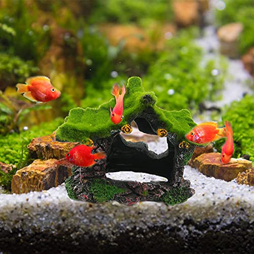 Tfwadmx Aquarium Decoration House Resin Hollow Betta Hideout House Fish Hide Tank Terrarium Accessories Cave Ornament for Small Shrimp Hideaway with Moss(2Pcs) - size: 2PCS