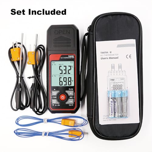 Digital Thermocouple Thermometer Dual-Channel K/J Type Thermometer -328~2501℉ Wide Range Industrial HVAC Temperature Meter with 4PCS of K-Type Thermocouple Probes, Alarm,Temp Conpensation