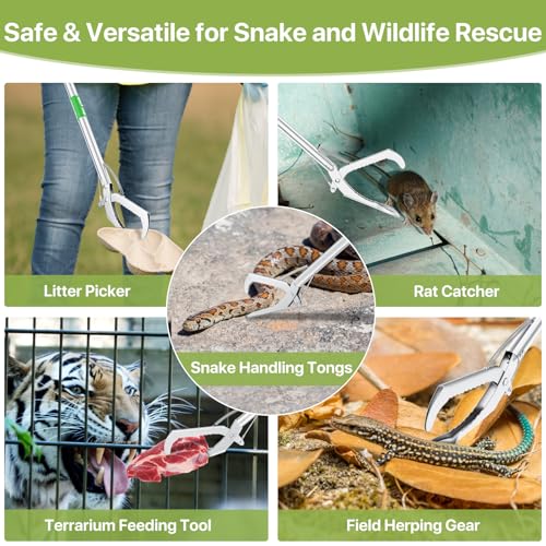50" Folding Snake Grabber Tongs, Stainless Steel Snake Catcher Tool with Wide Jaws & Non-Slip Handle – Humane Reptile Handling Stick for Outdoor, Yard, Farm & Camping Use - color: Green