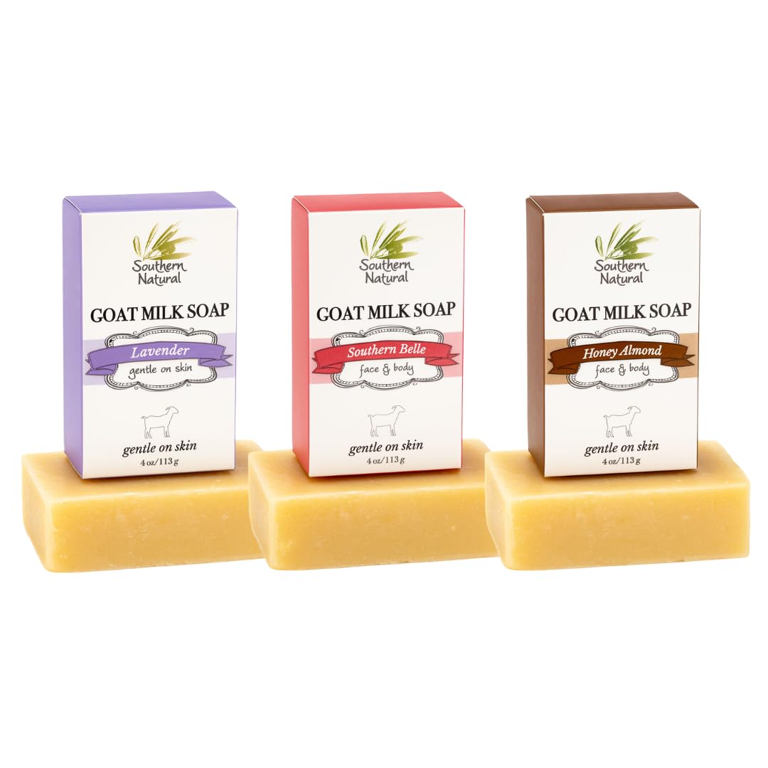 Southern Natural Goat Milk Soap Bar (Variety 3 Pack) Lavender, Southern Bell, Honey Almond - For Dry Sensitive Skin. Great For F