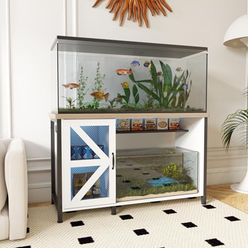 OC Orange-Casual 55-75 Gallon Aquarium Stand with LED Lighting & Power Outlets - Heavy Duty Metal Fish Tank Cabinet with Adjustable Shelves, 1000LB Capacity (White) - color: White