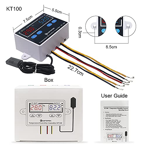 KETOTEK KT100 Humidity Temperature Controller 120V 10A Fahrenheit Digital Thermostat Humidistat Control Switch Direct Output with 1.5m Temperature Humidity Sensor