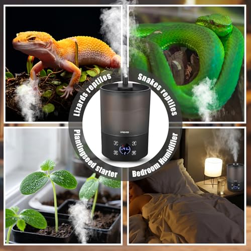 Dreyoo Reptile Fogger Humidifiers with Humidity Control, Top Fill Reptile Mister with Smart Touch LED Display, 3 Mist Levels, Auto Shut Off, Extendable Hose for Crested Frog Gecko Terrarium
