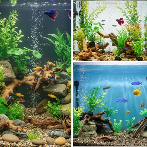 16 Pcs Aquarium Decor Fish Tank Decorations Include 6 Small Natural Coral Driftwood Spiderwood and 10 Green Plastic Plants for Reptile Terrarium Accessories Goldfish Tank Decor