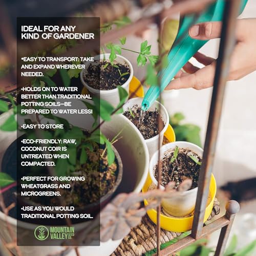 Mountain Valley Seed Co Minute Soil Organic Coco Peat 12 Pack – Lightweight | Growing Bricks Expand to 18 Gal – Potting Mix for Microgreens, Herbs, Vegetables, Flowers, Indoor Containers, Seed Trays - size: Bricks - 12 Pack