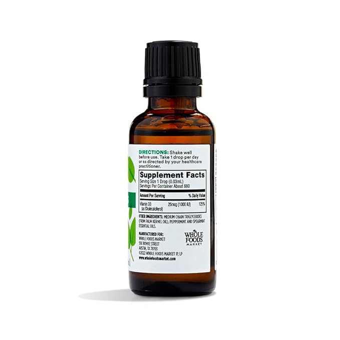 Whole Foods Market, Liquid Vitamin D-3, Mint Flavor, 1 oz (Pack of 2)