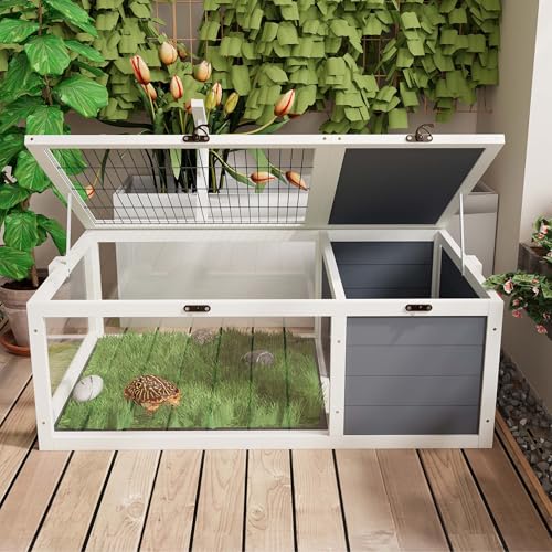 Tortoise Habitat, Tortoise House, Tortoise Enclosure with Adjustable Lamp Holder, Lockable Top, Pull-Out Waterproof Trays, Small Animals & Reptile, Wooden, Indoor & Outdoor