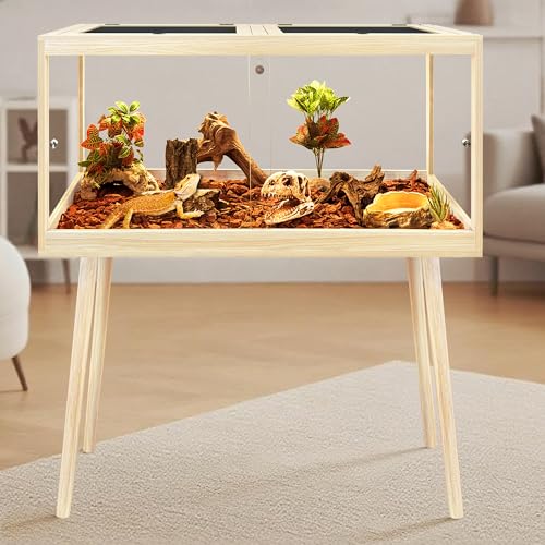 PROLEE Bearded Dragon Tank with Leg Stand 62 Gallons, Wooden Lizard Tank,Reptile Tank with Metal Mesh Roof Door, Acrylic Panel Snake Tank with Lock Design (Oak, 40"x20"x20") - color: Oak, size: 40"x20"x20"