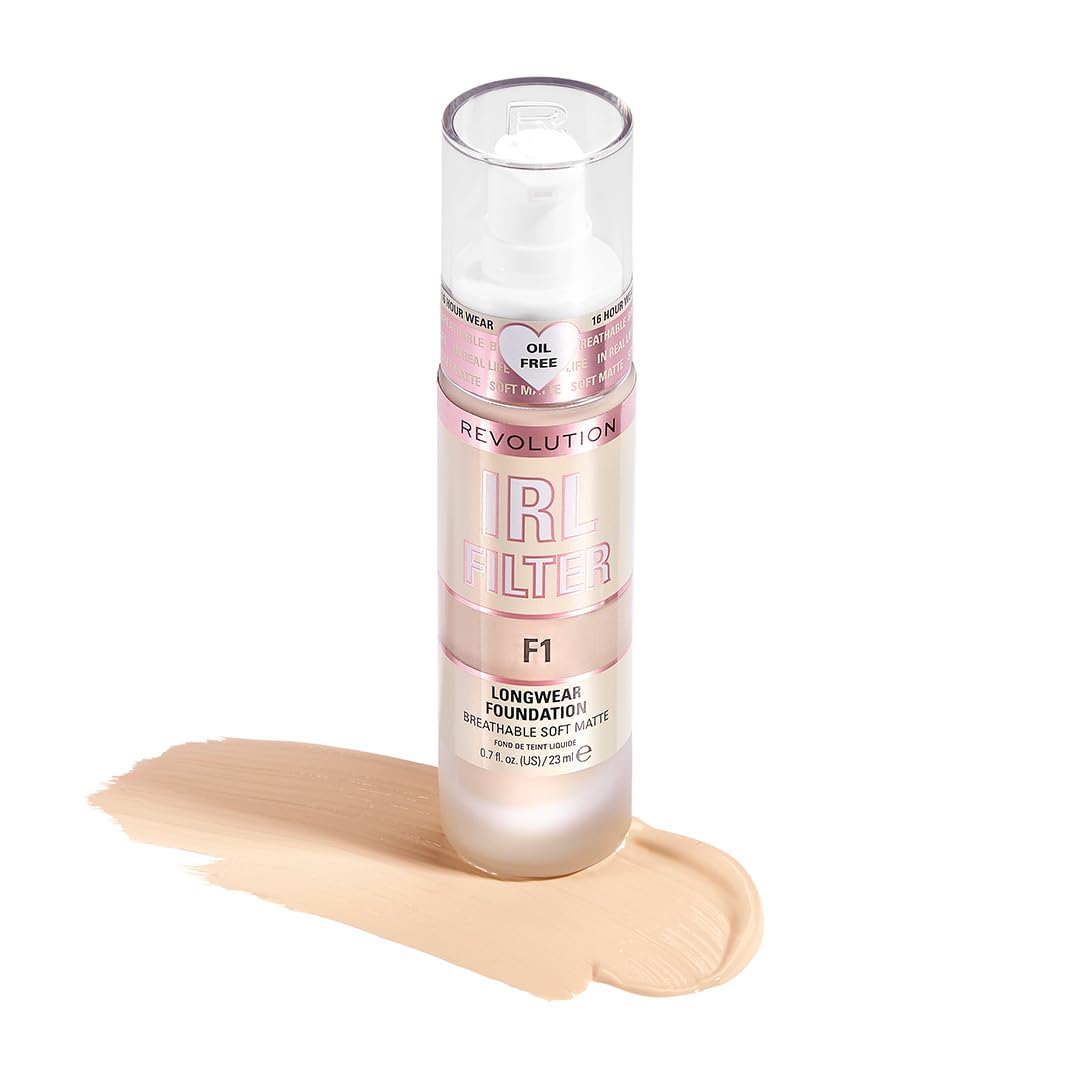 Revolution Beauty, Irl Filter Longwear Foundation, Soft & Breathable Formula, Medium To Full Coverage, Matte Finish, F1, 0.7 Fl.