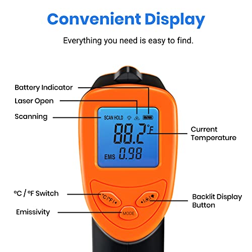 Etekcity Infrared Thermometer Laser Temperature Gun 1080, -58°F~ 1130°F for Meat Food Candy Pizza Oven, Heat Gun for Cooking, Kitchen, Fridge, Reptile, BBQ, HAVC, Adjustable Emissivity & Max Measure - color: Blaze Orange, style: Advanced