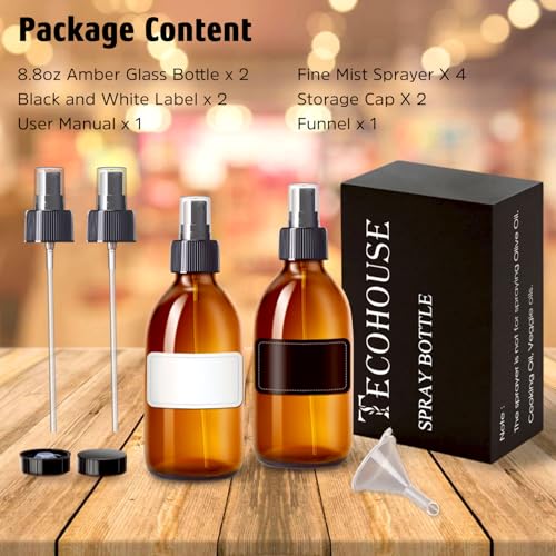 Tecohouse Amber Glass Spray Bottles 8.8 oz, 2 Pack Empty Spray Bottle for Essential Oils, Small Glass Bottles for Cleaning Solutions, Plants, Hair with Durable Nozzle, Labels, Funnel - color: 8.8 oz Amber