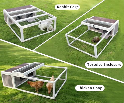 Tortoise House Habitat Wooden with Cover, Chicken Coop with Run Rabbit Hutch Small Animal Hutch Enclosure Indoor/Outdoor-Grey + White Trim - color: Grey&White Trim-2