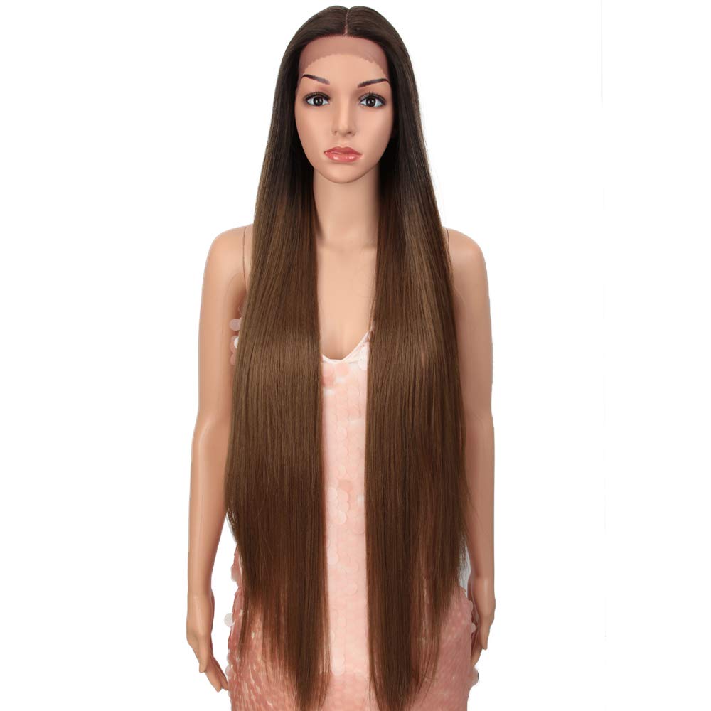 Style Icon 38 Super Long Straight Wigs Lace Front Wigs 6 Deeper Middle Part Blonde Wig Ombre Synthetic Wigs (38'', Tt6/30W