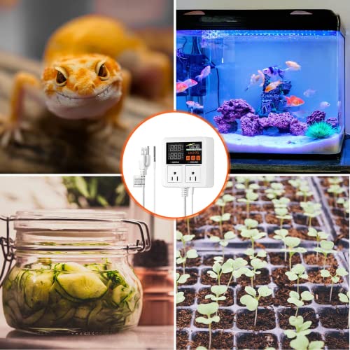 iPower Digital Temperature Controller, 1200W 10A Dual Outlet Thermostat Plug, 2-Stage Heating/Cooling Mode, for Seed Germination, Reptiles, Brewing Breeding, Fermenter Greenhouse