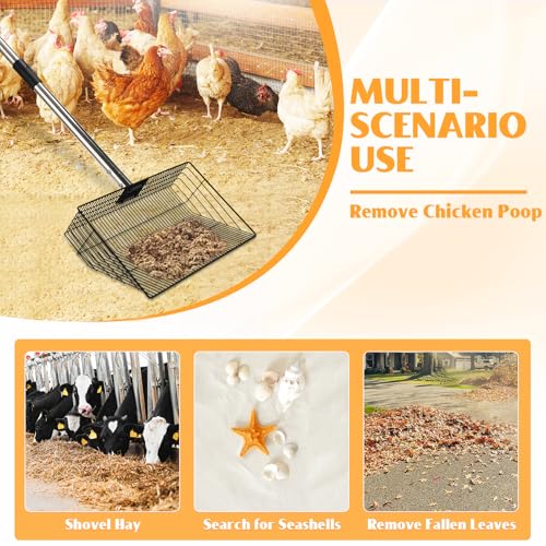 CAROD 15"-Large Thickened Chicken Poop Scooper, 24 to 68" Adjustable Chicken Coop Scoop for Poop with Stainless Steel Handle, Litter Scooper Sifting Shovel Chicken Coop Accessories