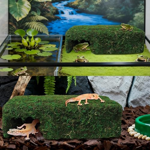 Mossy Cave Hide for Reptiles, Lizard Moss Hideout with Safe Shelter, Snake Cave Hut for Themed Terrarium Ideal for Gecko Hamster Snake to Rest & Hide