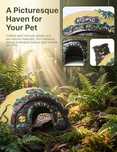 Resin Toad House Reptile Hideout Cave for Frogs Snakes | yellow brown half ellipsoid rock, durable habitat decor for garden indoor pet tanks, easy to clean open bottom shell