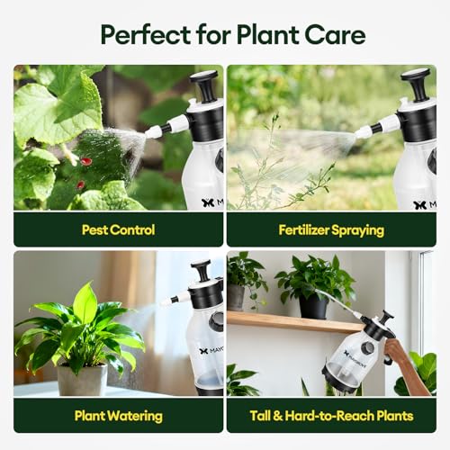 MAYGROVE 50oz Pump Sprayer, Hand Water Spray Bottle for Indoor Plant, Clear Plant Sprayer with Side Filling Port, Measuring Cup, Adjustable Nozzles, Safe Pressure Relief Valve