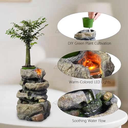 Kalona Tabletop Waterfall Fountain Rockery Fountains Soothing Sound Tabletop Fountains Home/Office Decor with a Small Plastic Pot to Grow The Plant by Yourself(Automatic Watering)(22020) - color: Grayish-brown