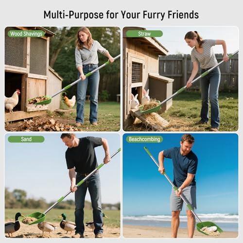 Chicken Poop Scooper, 2-in-1 Coop Scoop & Chicken Coop Rake, Sand Sifting Shovel with Adjustable Stainless Steel Handle, Up to 68 in, No-Bend Cleaning Tool - Patent-Pending
