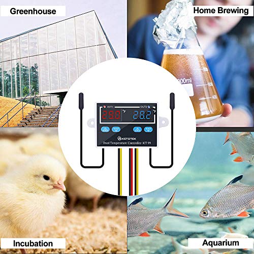 KETOTEK Digital Dual Temperature Controller 120V Fahrenheit Thermostat 10A with 2 1.5m Waterproof Probes, Heating Cooling Temperature Control Switch Refrigerator Fan Heater