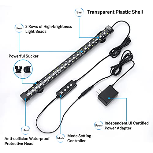 hygger 24/7 Mode Submersible Aquarium LED Light, Full Spectrum Hidden Fish Tank Light with 3 Rows Beads 7 Colors Auto On Off Sunrise-Daylight-Moonlight, Adjustable Timer Brightness - size: 19.9in 12W