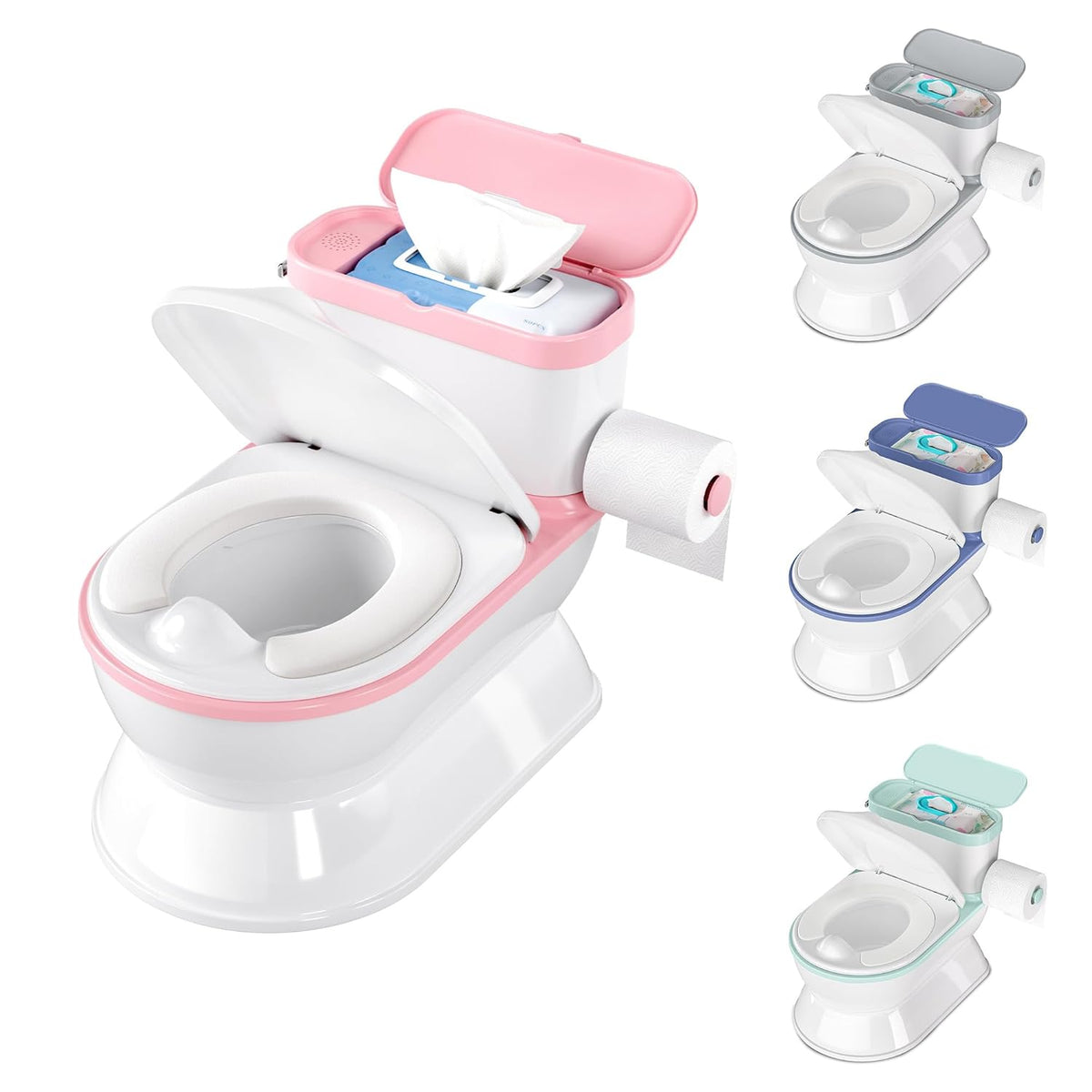 CheerTry Toddler Potty Training Toilet, Larger Potty Chair, Detachable Seat | Suitable for Boys & Girls Ages 1-3, with Flushing Sound, Wipes Storage, Toilet Lid & Toilet Paper Holder - Grey