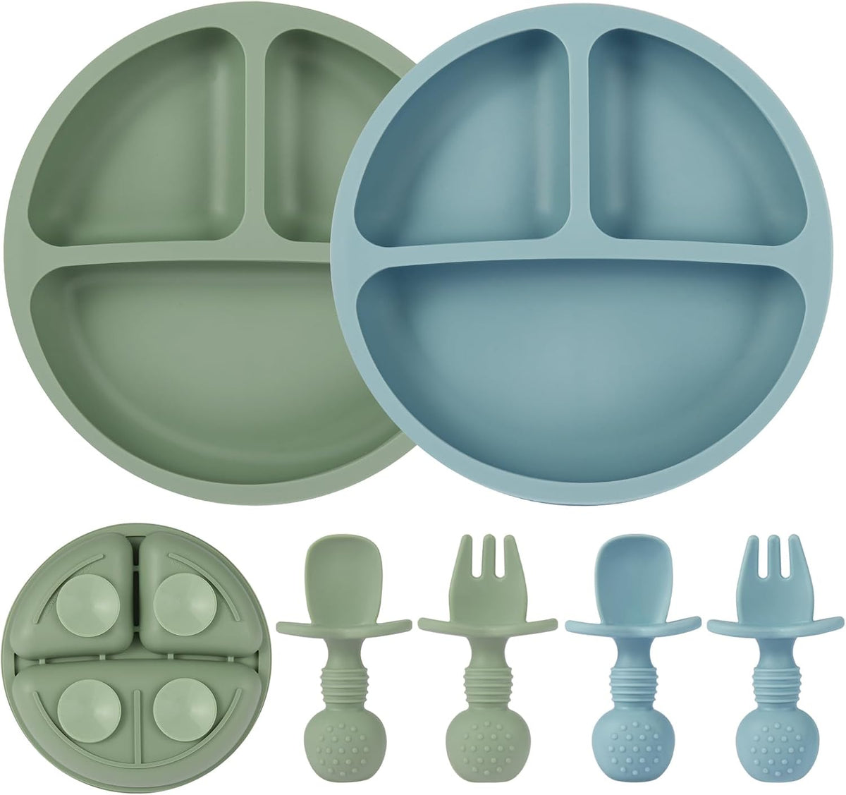 Eascrozn 2 Pack Divided Toddler Plates with Suction, Spoons and Forks Set | BPA Free, Silicone Feeding Set, Baby Led Weaning Supplies, Baby Utensils for Feeding Essentials, Dishwasher Safe