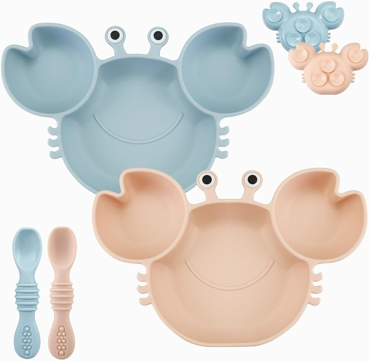 PandaEar 2 Pack Silicone Suction Plate for Baby, Divided Unbreakable Toddler Food Plate with 2 Pack Spoons for Self Feeding, Toddler Utensils Feeding Set Baby Eating Supplies, Crab Shape -Blue&Green