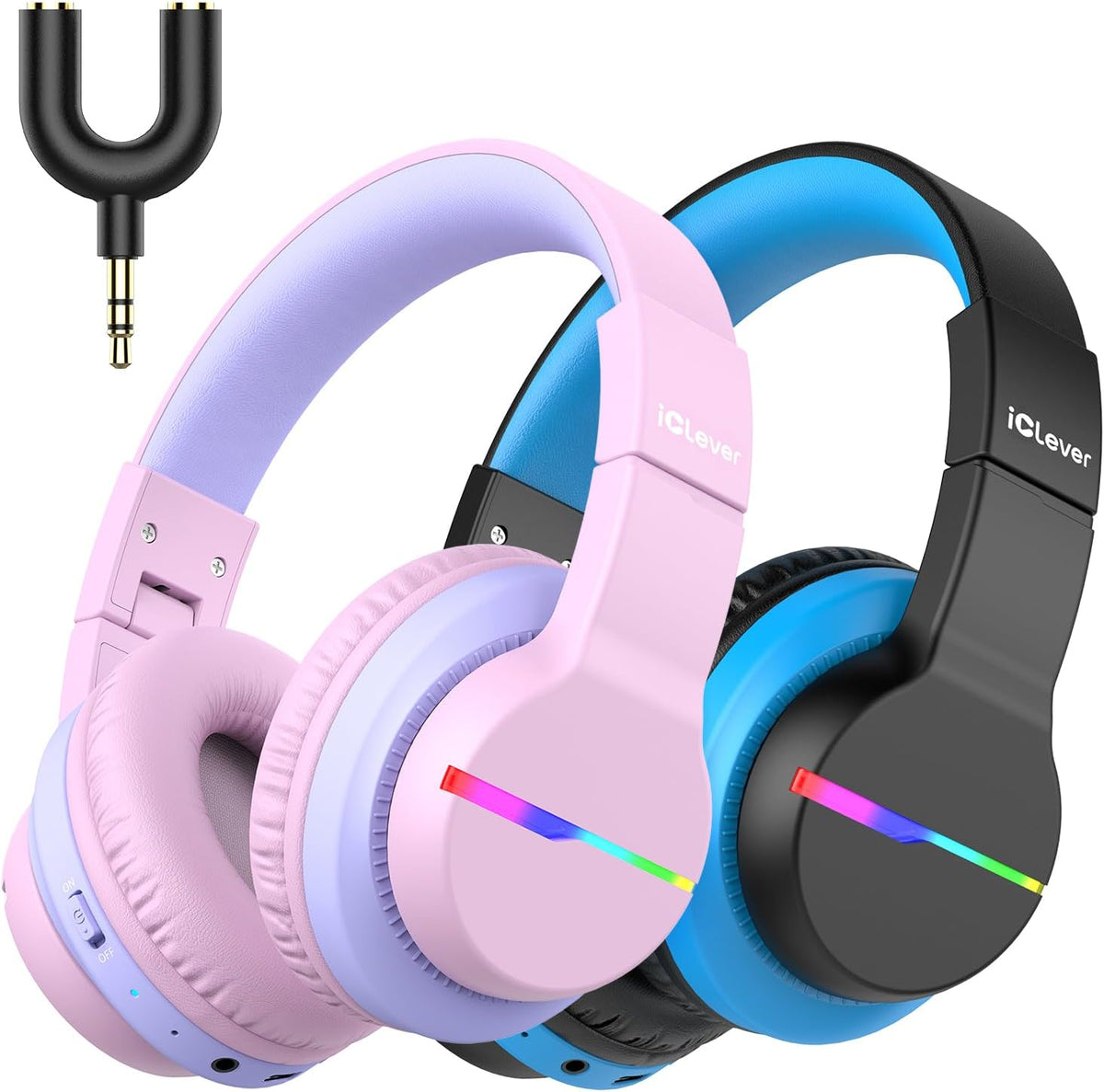 iClever BTH12 Kids Bluetooth Headphones with Colorful LED Lights, 74/85dBA Safe Volume, 85H Playtime, Bluetooth 5.2, Over Ear, Built-in Mic
