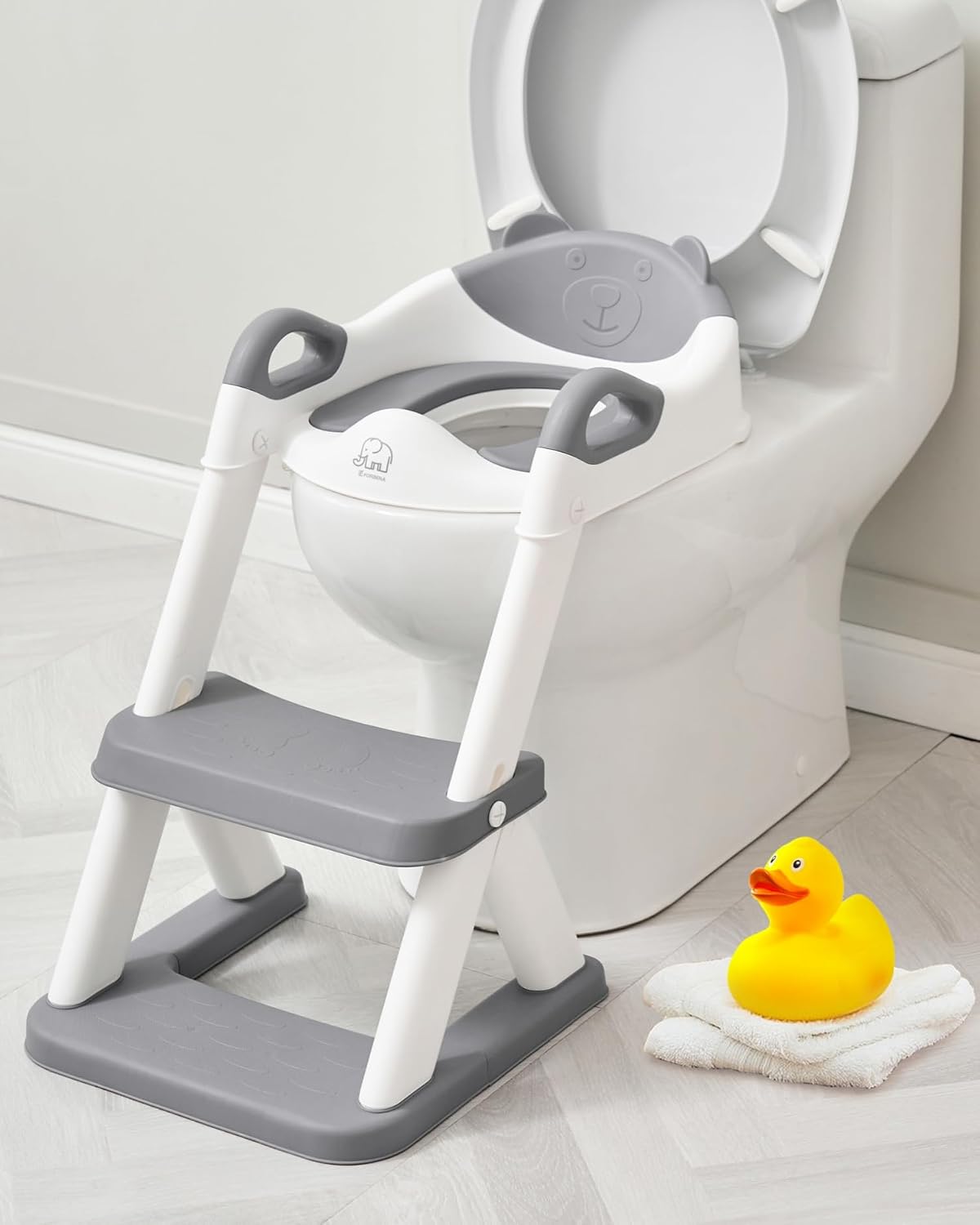 Forbena Potty Training Toilet Seat with Step Stool Ladder, Toddler Kids Potty Seat for Boys Girls, Non Slip Foldable Toilet Training Seat with Soft Cushion, Comfortable Handles (White-Grey)