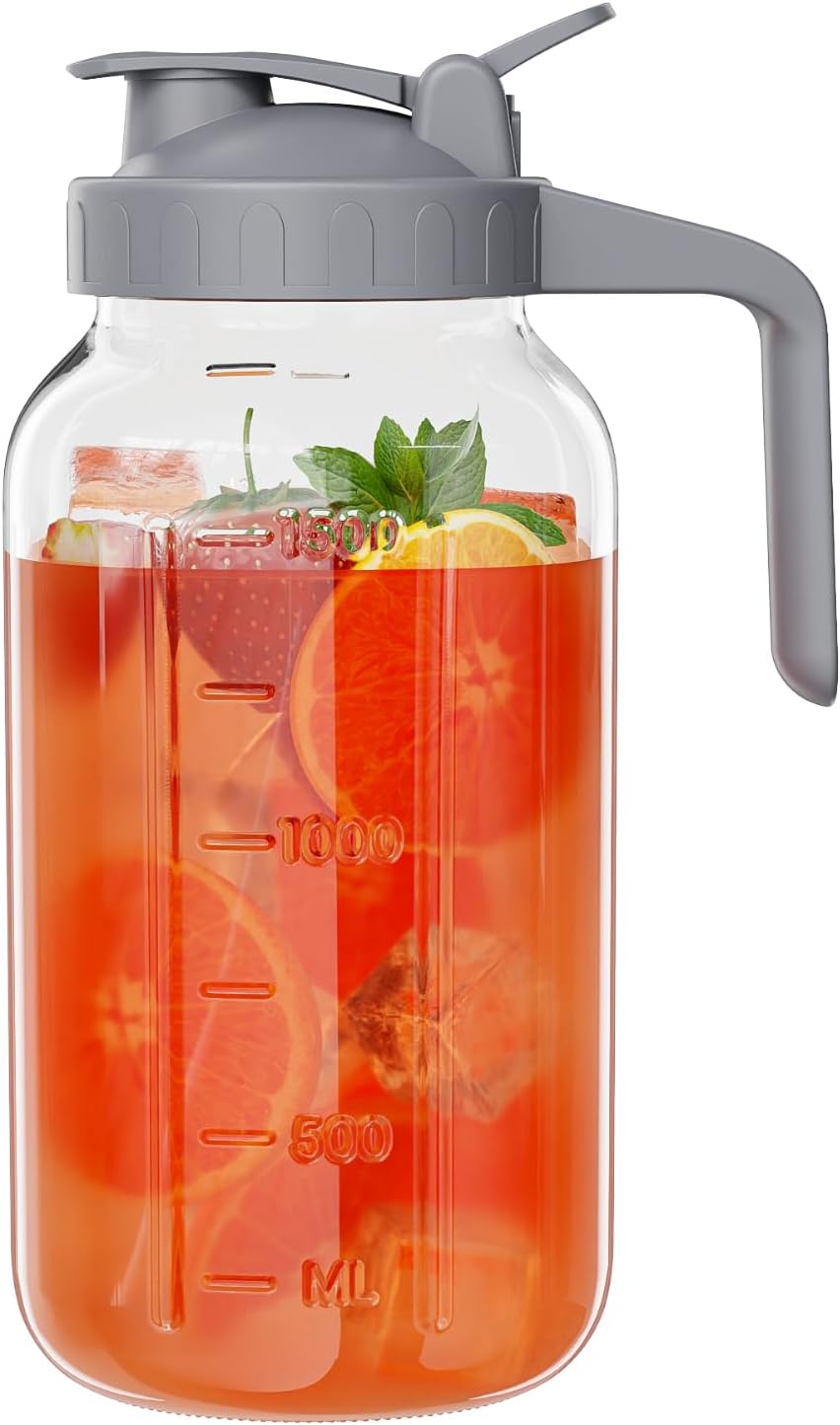 Breast Milk Pitcher, 32 oz Wide Mouth Glass Mason Jar | Dual Leak-Proof Lid, easy-pour spout, handle design for Breastmilk storage, iced tea and cold beverages