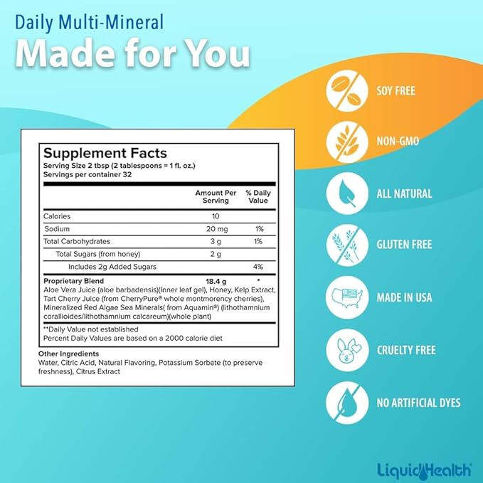 LIQUIDHEALTH Daily Multi Mineral Liquid Supplement with Fulvic Acid, Plant Based Ionic Aquamin Sea Trace Ocean Minerals - Immune Support, Energy, Gut Health, Detox - Made in USA, Vegetarian (32 oz)