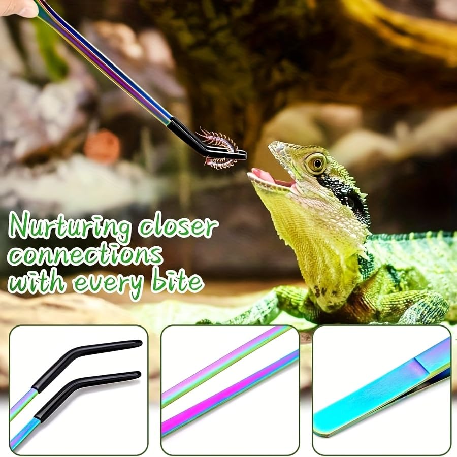 2PCS Reptile Feeding Tongs with Rubber Tips, Straight & Curved Tweezers, Safe Aquarium Lizard Snake Turtle Feeding Tool