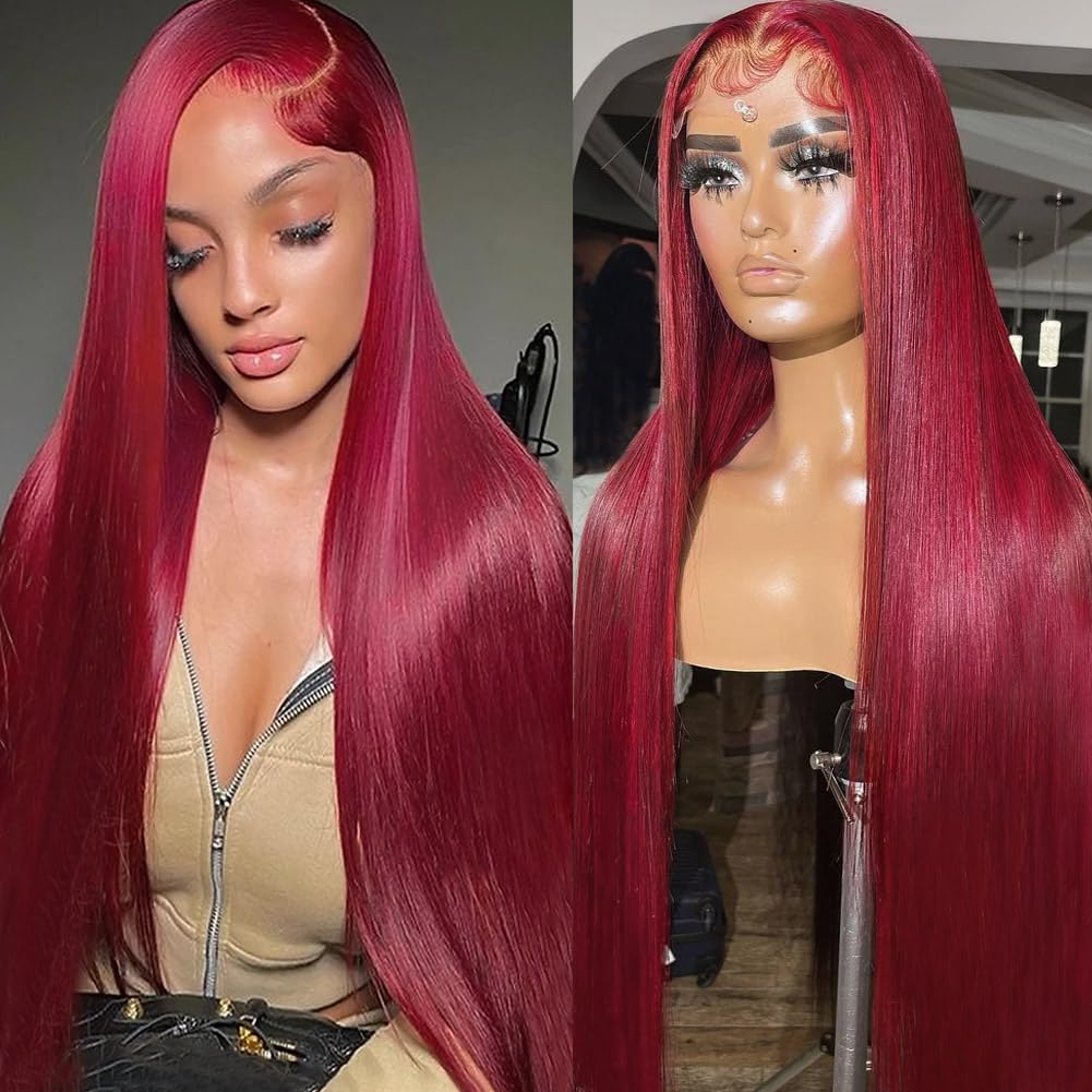 Sweetie 99J Burgundy 13X4 Lace Front Wigs Human Hair 180% Density 24 Inch Straight Lace Front Wigs Human Hair Glueless Wigs Huma