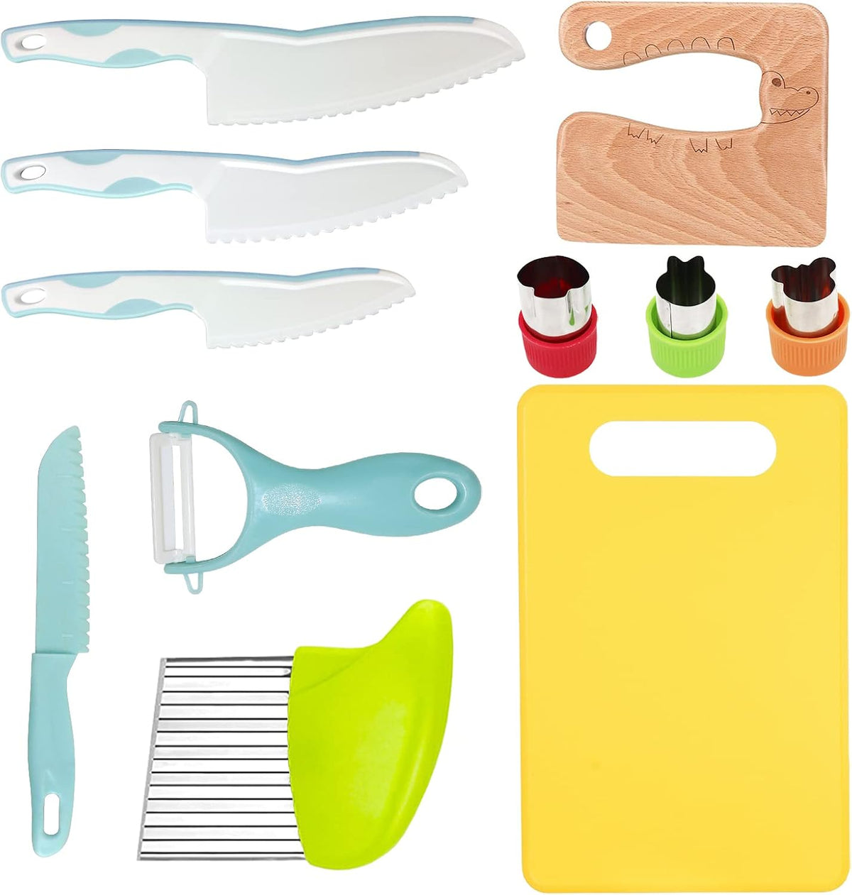 RISICULIS Kids Kitchen Knife, Montessori Kitchen Knife Set for Toddlers | 11Pcs Kids Safe Knife Set for Real Cooking with Wood Plastic Knives Kids Cutting Board, Montessori Gifts for Boys Girls
